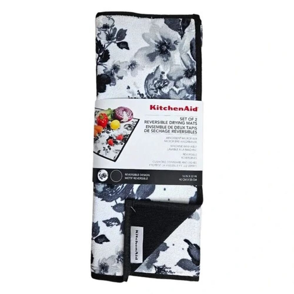 KITCHENAID Dish Drying Mats 2pk Watercolor Floral Black & White 16 X 22 New
